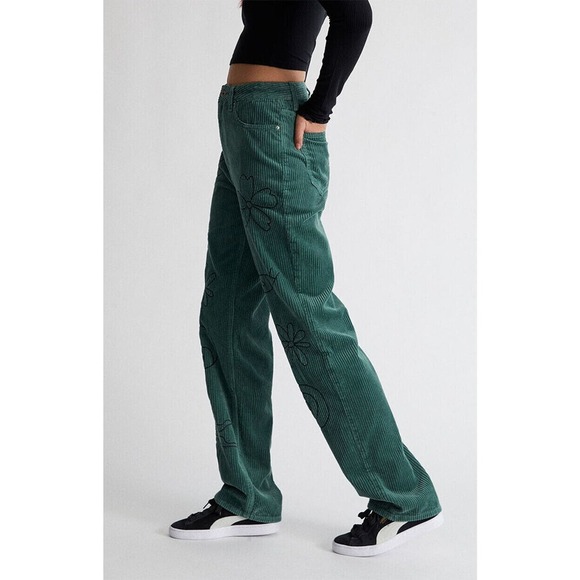 NWT PacSun Green Corduroy Embroidered Boyfriend Jean Doodle Baggy Womens Size 28 - Picture 9 of 16
